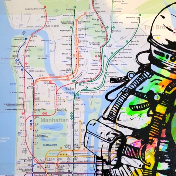 Handpainted Astronaut Acrylic Graffiti Art Spaceman artwork on a NYC Subway Map - Picture 5 of 9